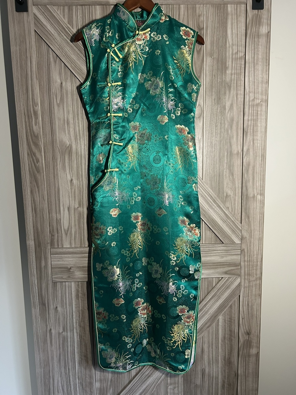 Emerald Green Satin Brocade Chinese Qipao / Cheongsam Dress - XL